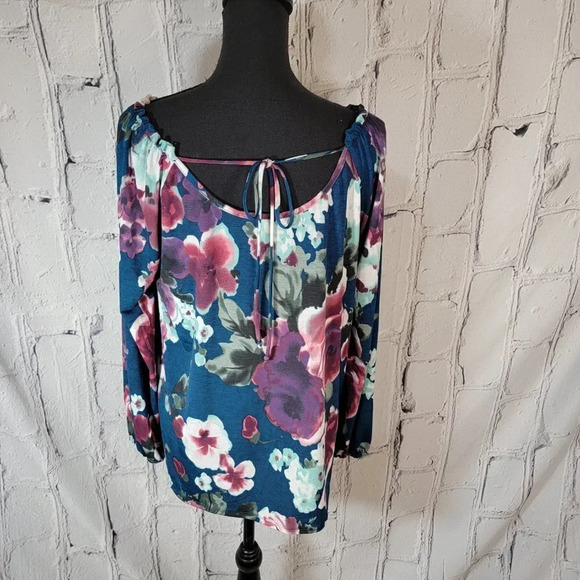 PROFESSIONAL Business Casual Floral Blue Aqua Stretch Long Sleeve Blouse Sz‎ L - Picture 6 of 8